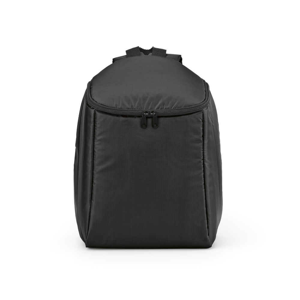 A black cooler backpack with a double-zipper, featuring adjustable straps and a modern design. It has a logo on the front.