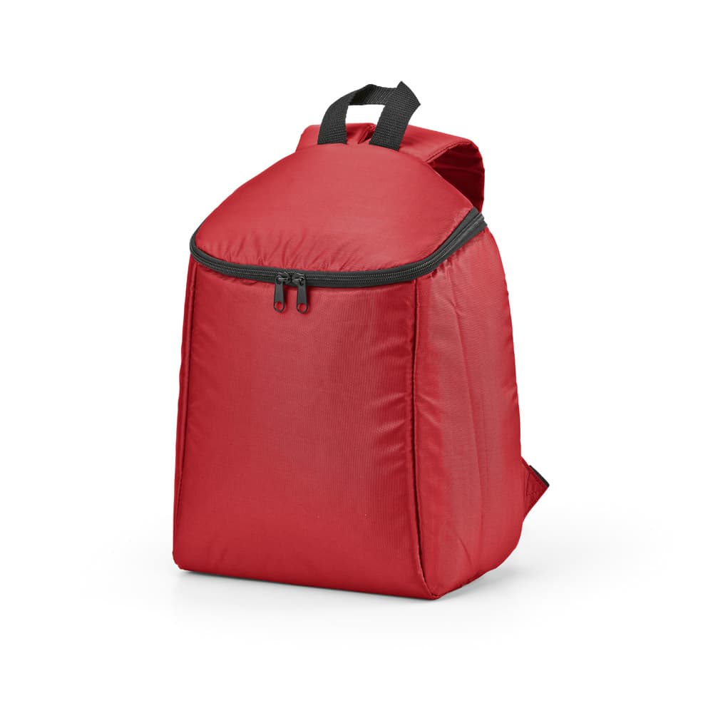 A red cooler backpack with a double zipper and adjustable straps. It features one logo on the exterior.
