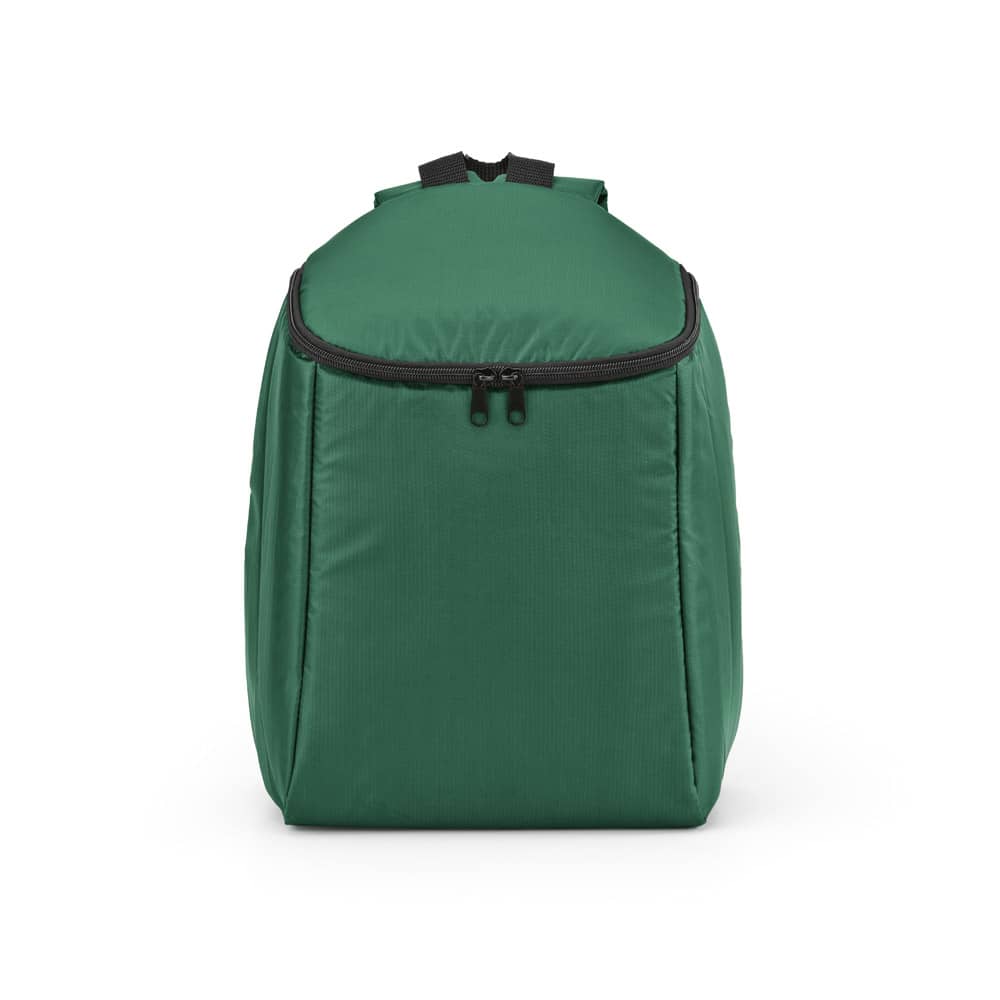 A green backpack cooler with a double-zipper, featuring a simple and functional design. It has a logo on the front.