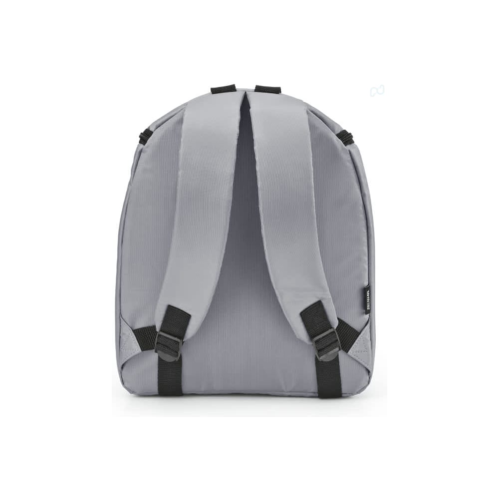 A grey backpack with double-zipper closure and adjustable straps. It features a logo on the front.