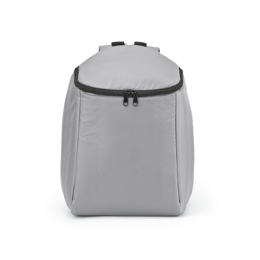 A grey cooler backpack with a double-zipper closure and a sleek design. It features a logo on the front.