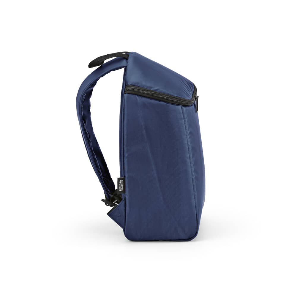 A navy blue cooler backpack with a double-zipper design and one side view. Features a logo.