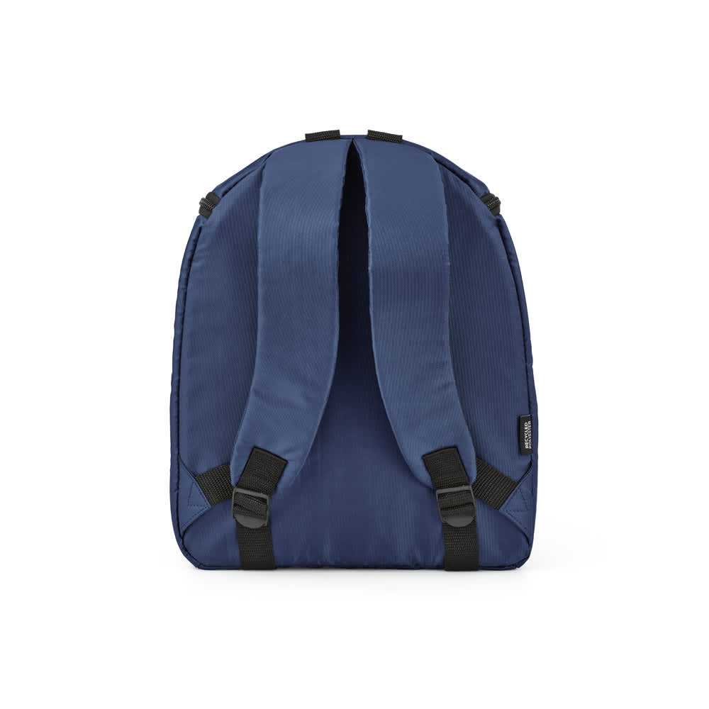 A navy blue backpack with double zippers and two padded shoulder straps. It features a logo on the side.