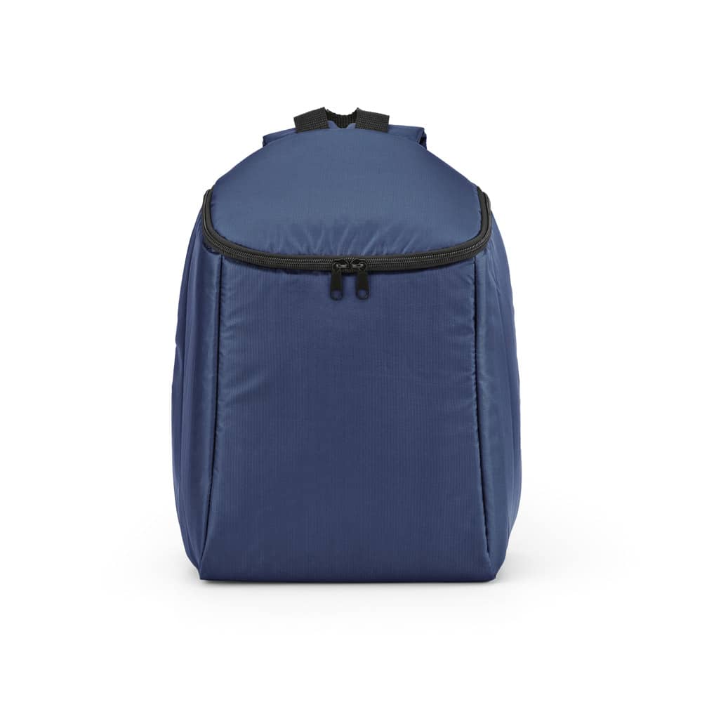 A blue cooler backpack with a double-zipper design and a sturdy structure. Features a logo on the front.