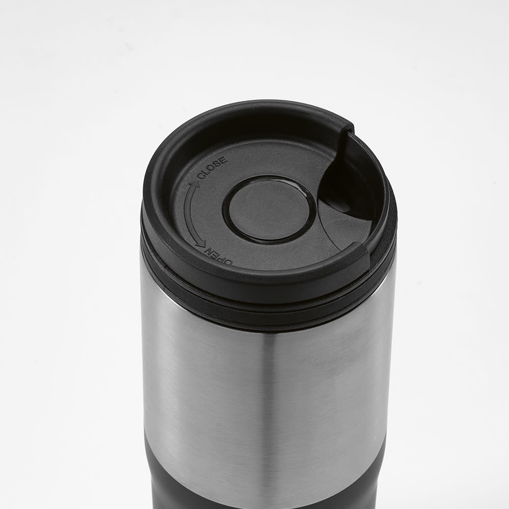 A drink bottle with a stainless steel body and an orange lid, featuring a leakproof design and a logo.