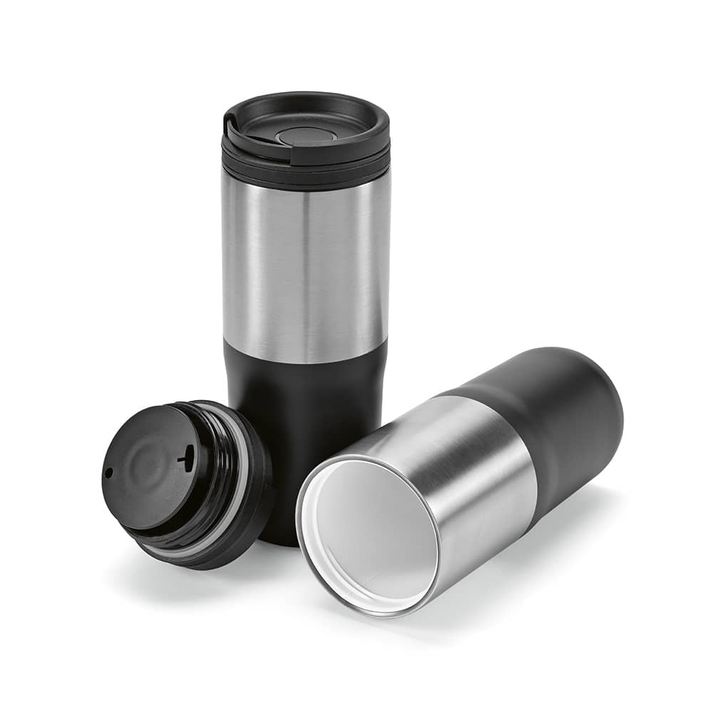 A drink bottle featuring an orange triple wall design with a stainless steel and black base, equipped with a lid.
