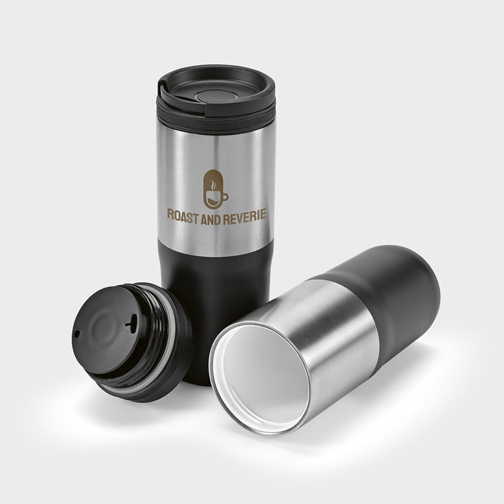 A drink bottle in orange and stainless steel with a leakproof lid and a logo. Triple wall design for insulation.