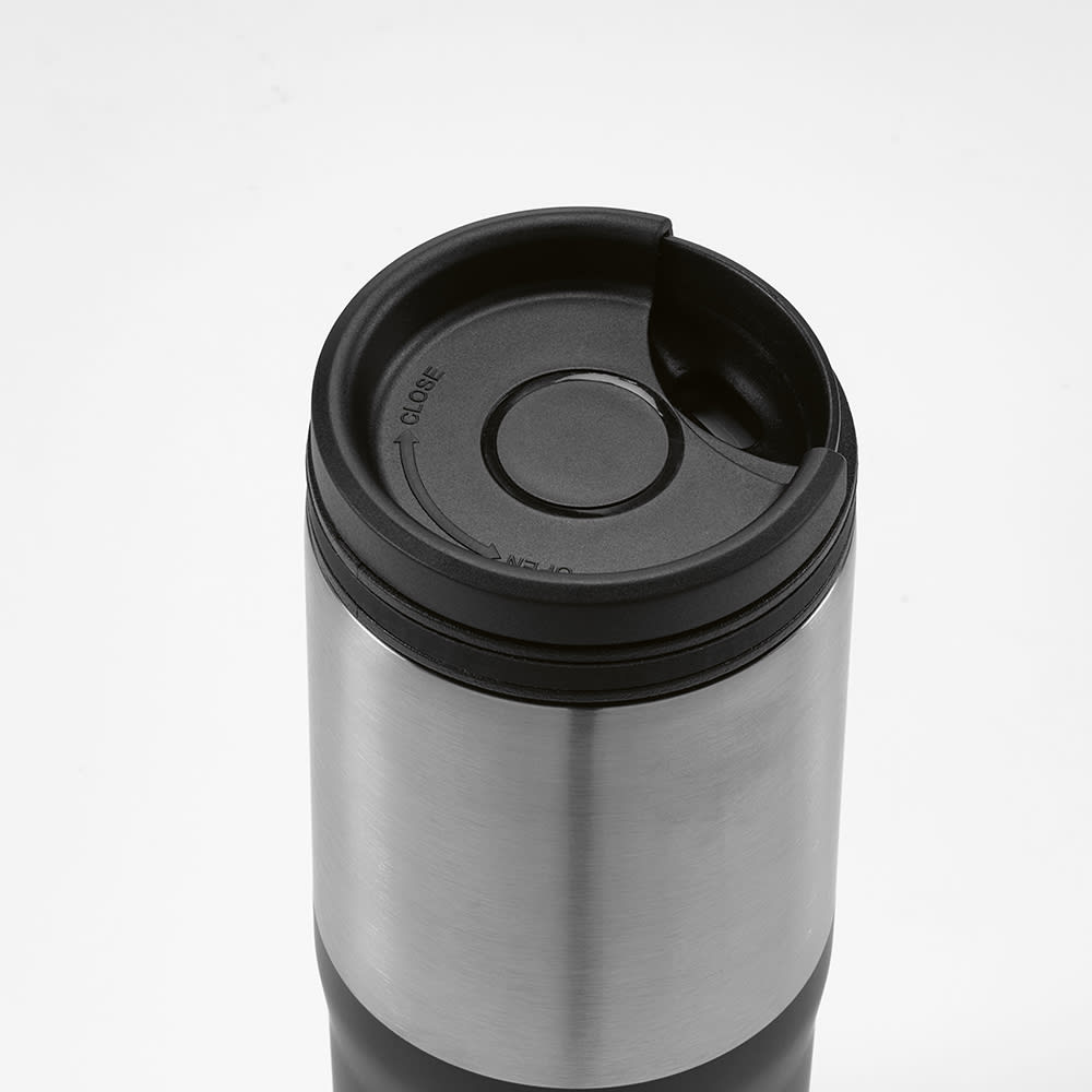 A drink bottle with an orange exterior, stainless steel body, and a black leakproof lid featuring a sipping opening.