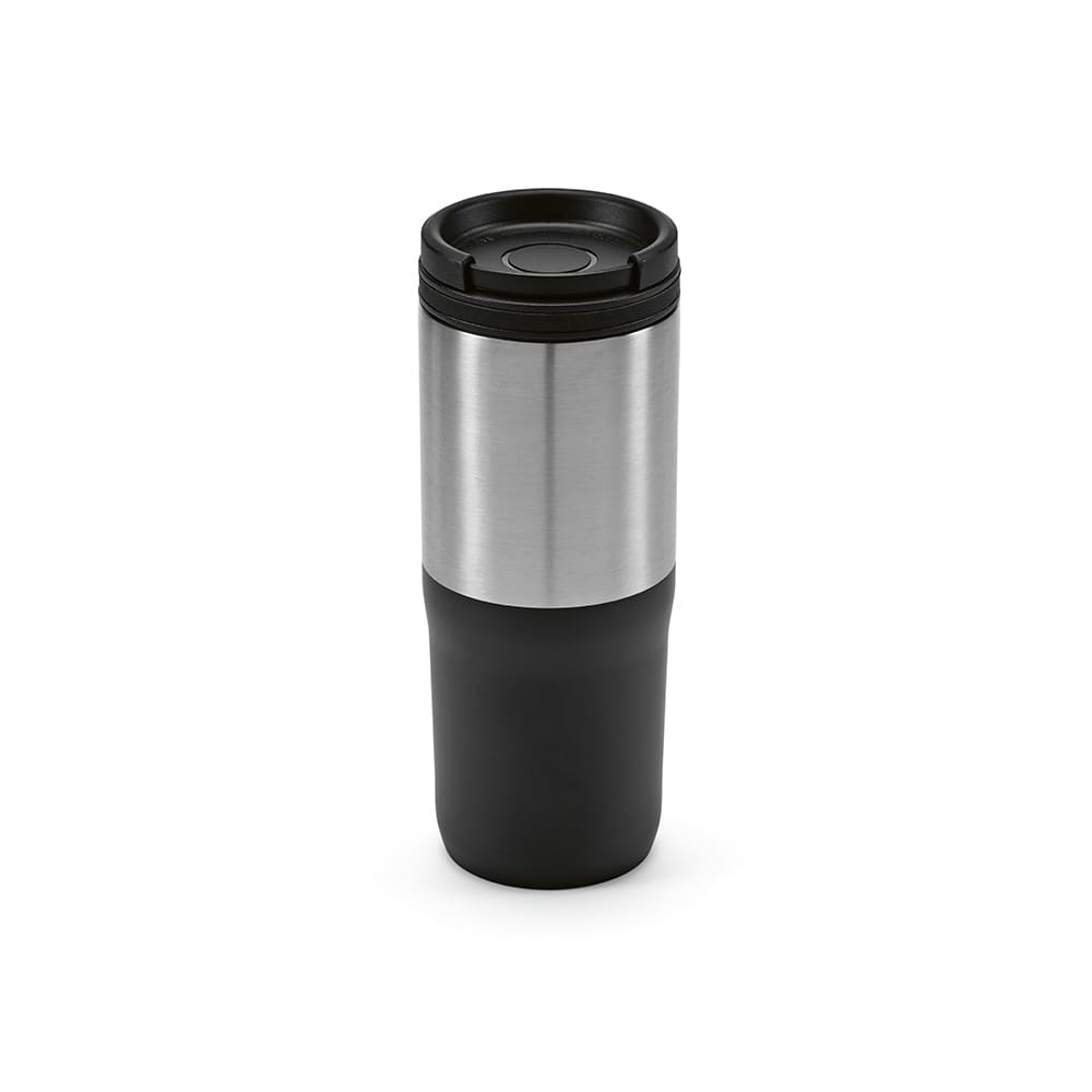 A drink bottle with a stainless steel middle, black base, and a black lid, featuring a logo.