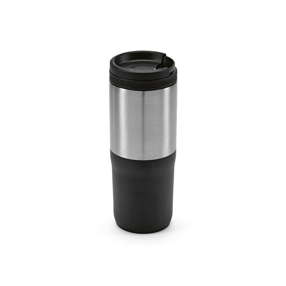 A drink bottle featuring a stainless steel upper section and black lower section, designed with a spill-proof lid.