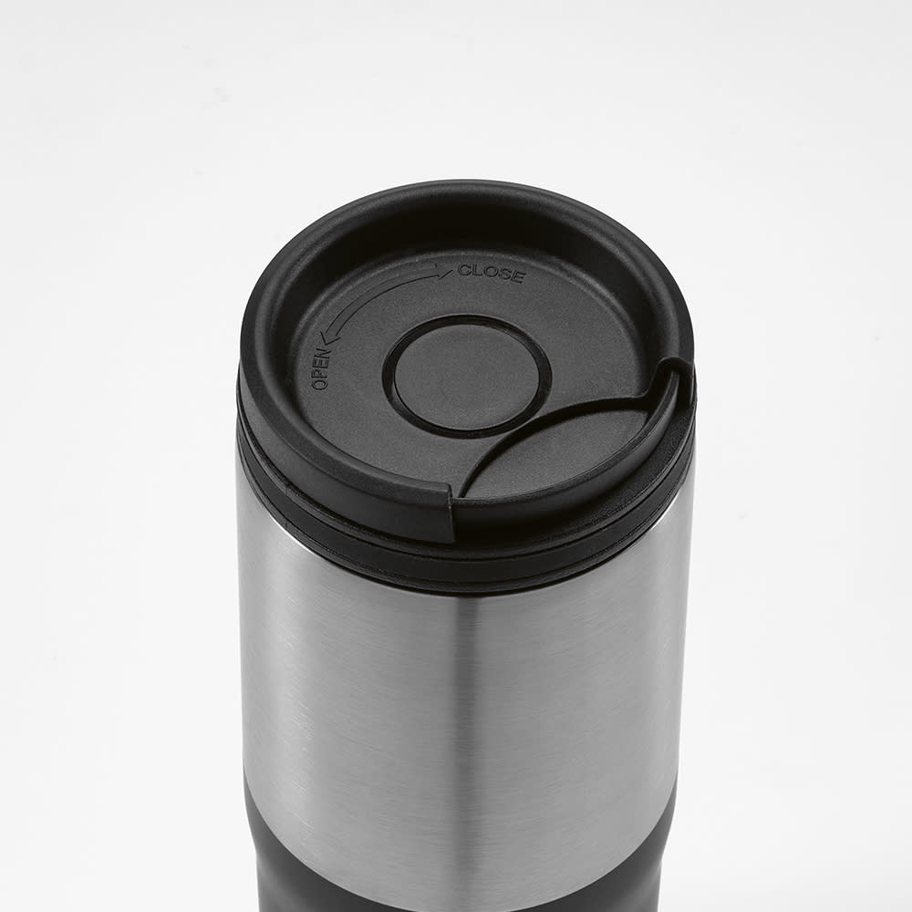 A drink bottle with a stainless steel body and a black leakproof lid. It features a logo on the side.