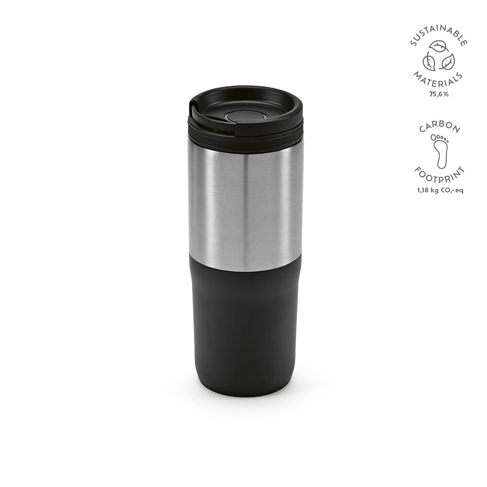A drink bottle with a stainless steel upper section and a black lower section, featuring a leakproof lid and branding.