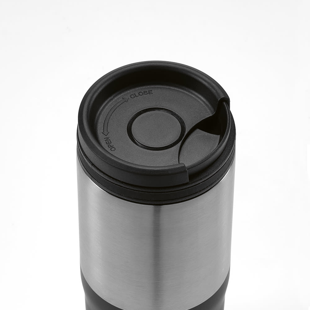 A drink bottle featuring a sleek silver design with a black leakproof lid and sipping opening, along with a logo.
