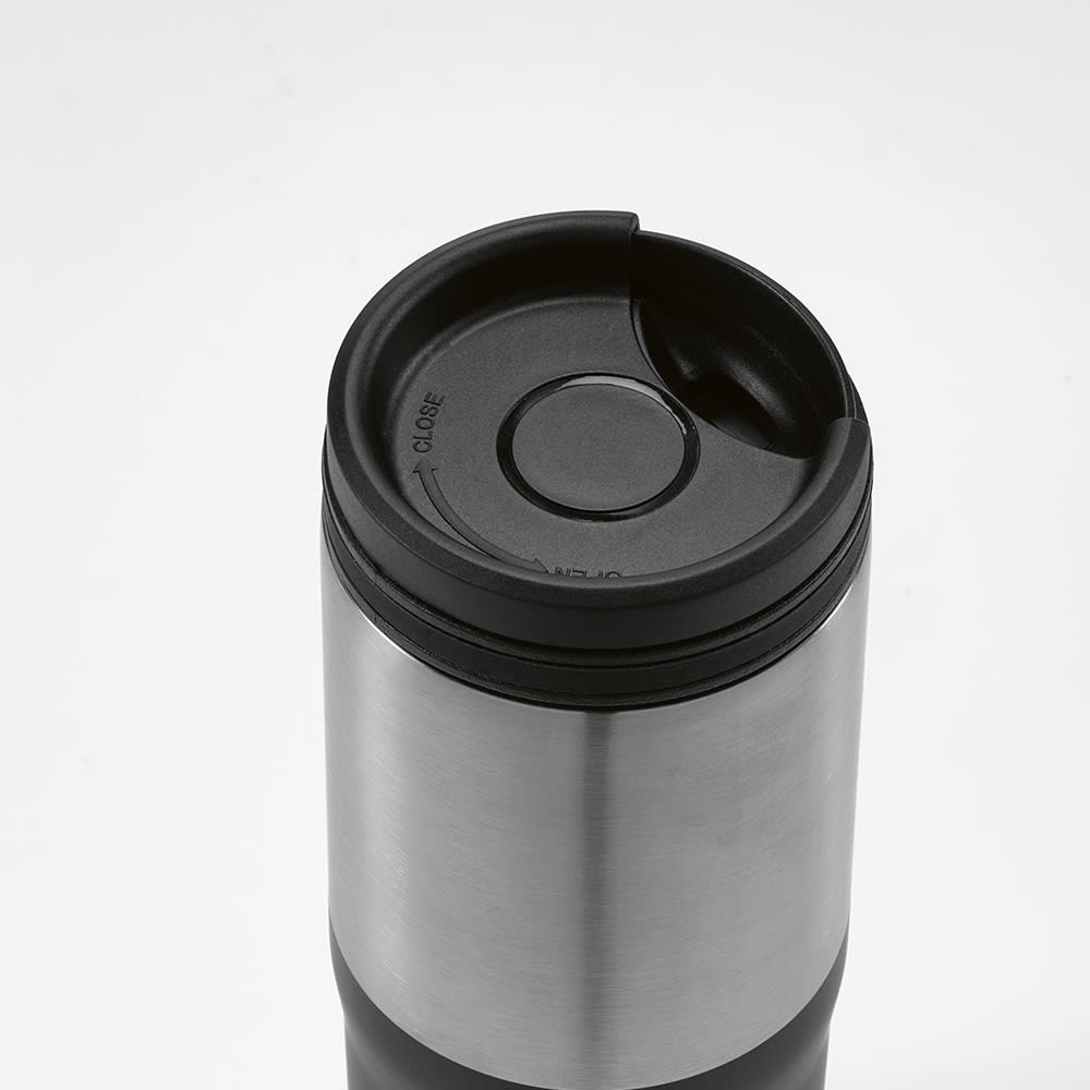 A drink bottle with a stainless steel body, black lid, and a logo, designed for travel with a leakproof feature.