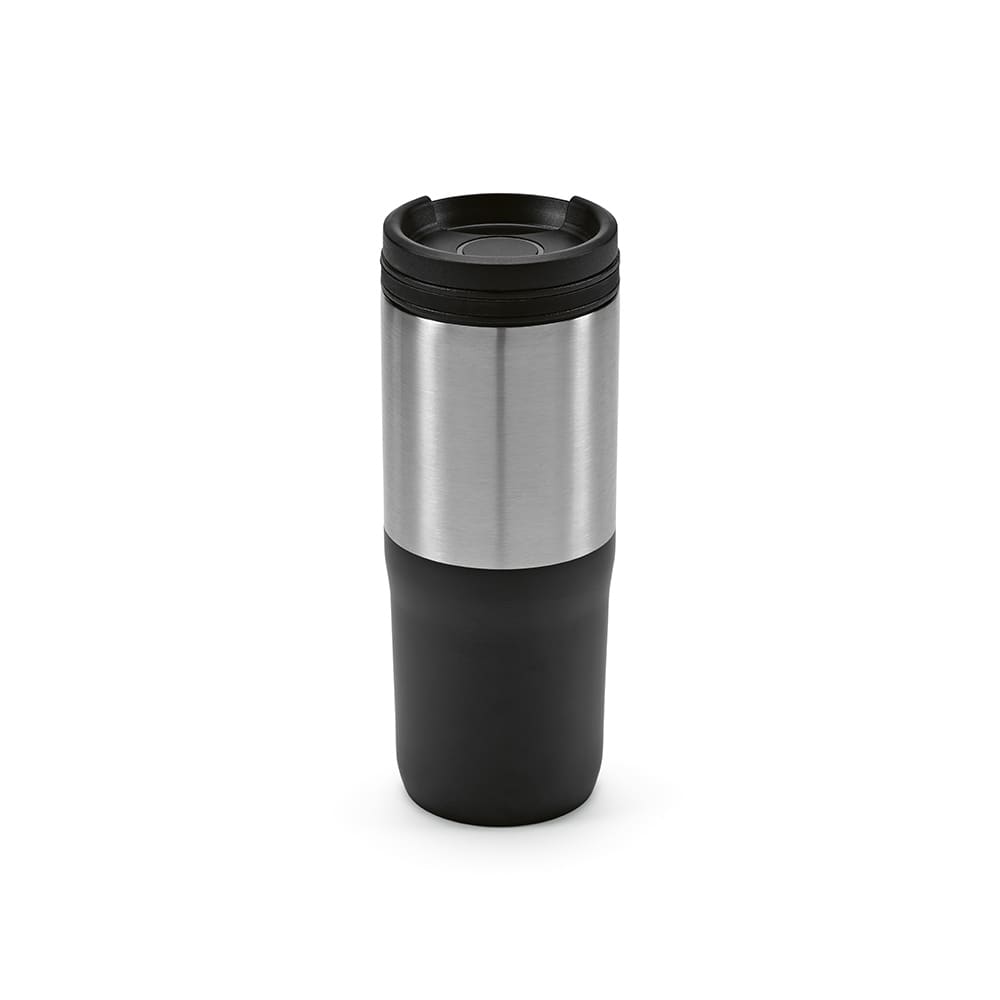 A drink bottle featuring an orange triple wall design with a stainless steel upper and black lower section. It has a logo.