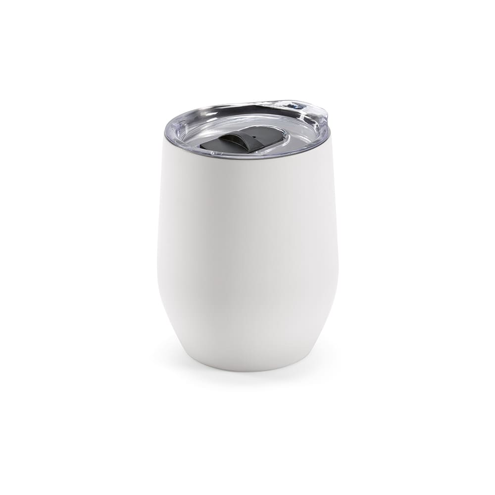 A drink bottle in white with a transparent lid, featuring a black sliding closure and a logo.