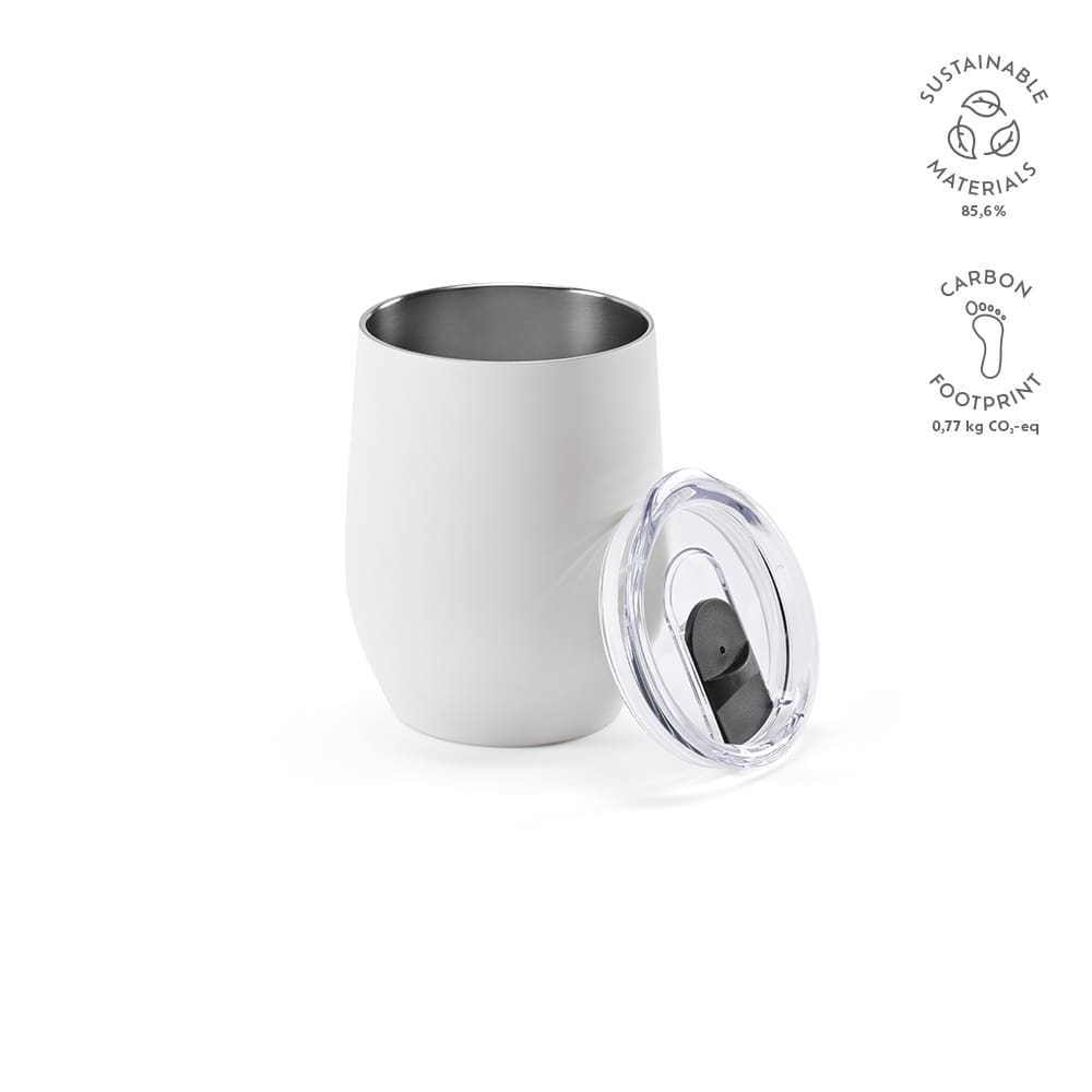 A drink bottle in white with a double wall, lid, and a stainless steel interior. Features a logo and sustainable material badge.