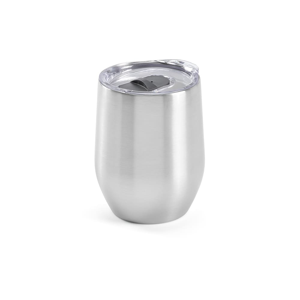 A drink bottle with a sleek stainless steel design, double wall, and a clear lid. It features a logo.