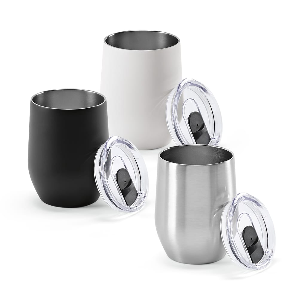 A drink bottle set featuring a black, white, and stainless steel cup, each with a clear lid and double wall design.