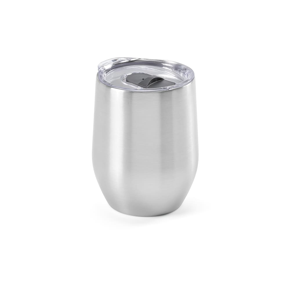 A drink bottle in stainless steel with a double wall, featuring a clear lid and a rounded shape.