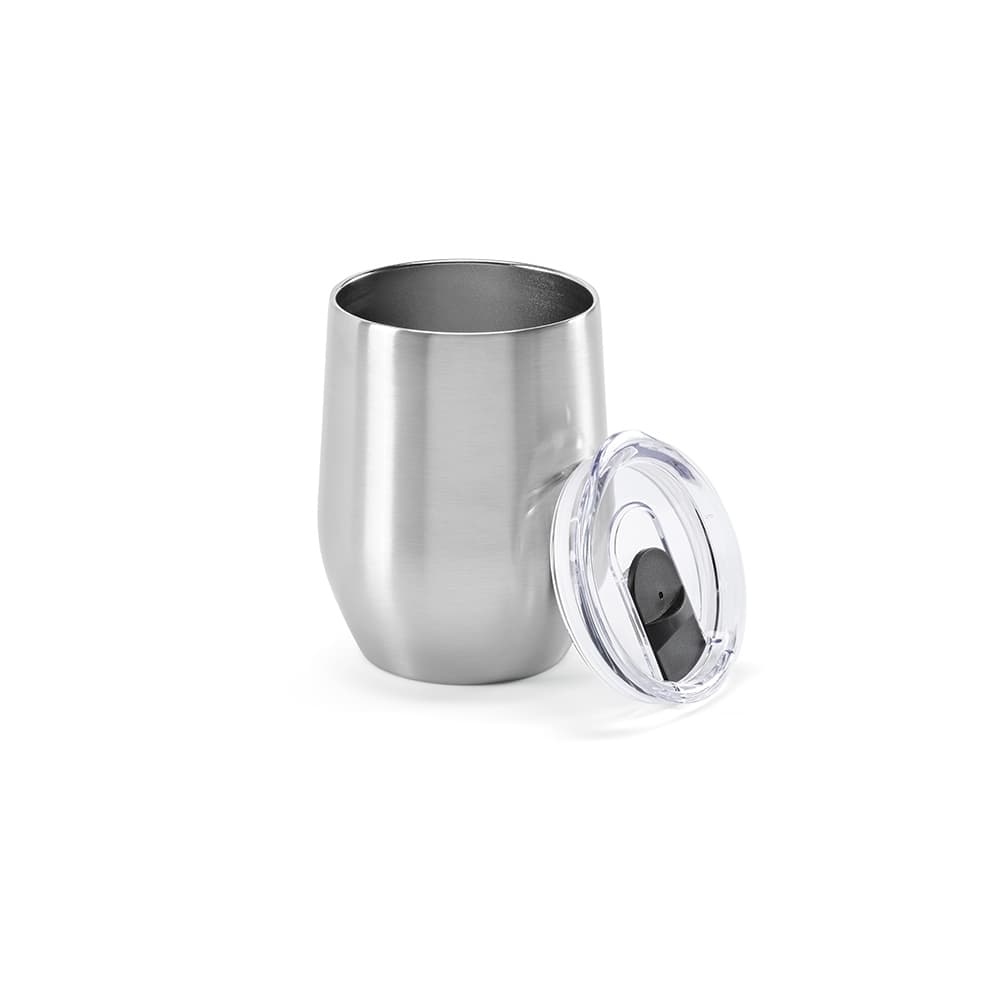 A drink bottle with a stainless steel finish and a clear lid, featuring a double wall design.