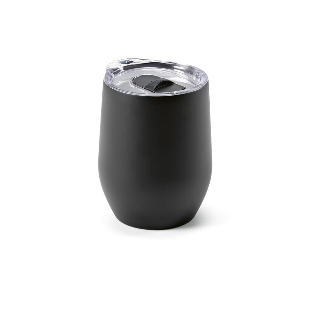 A drink bottle in matte black with a clear lid, featuring a double wall design. It has a logo on the side.