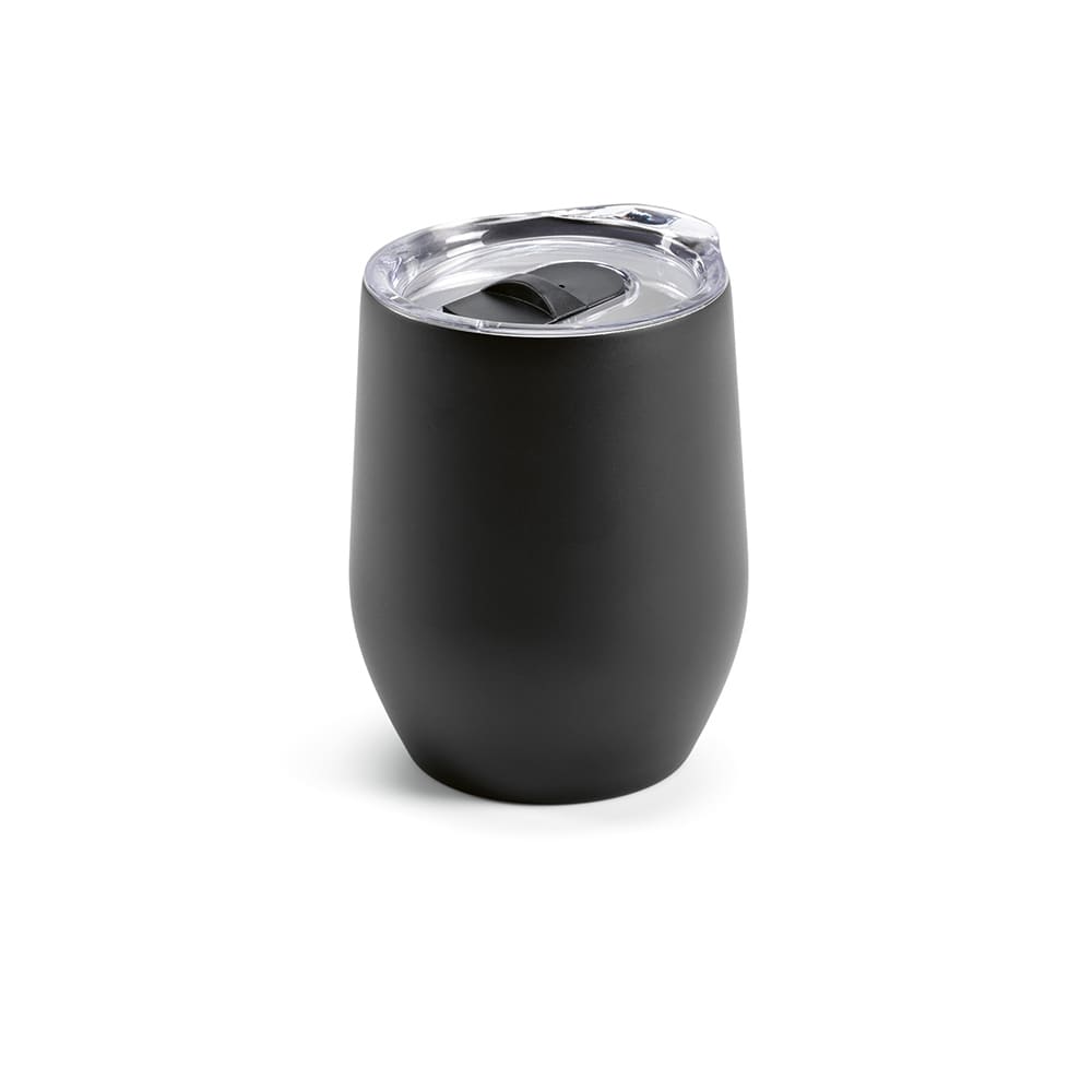 A drink bottle with a double wall, black exterior, and clear lid, featuring a logo. Capacity is 320ml.