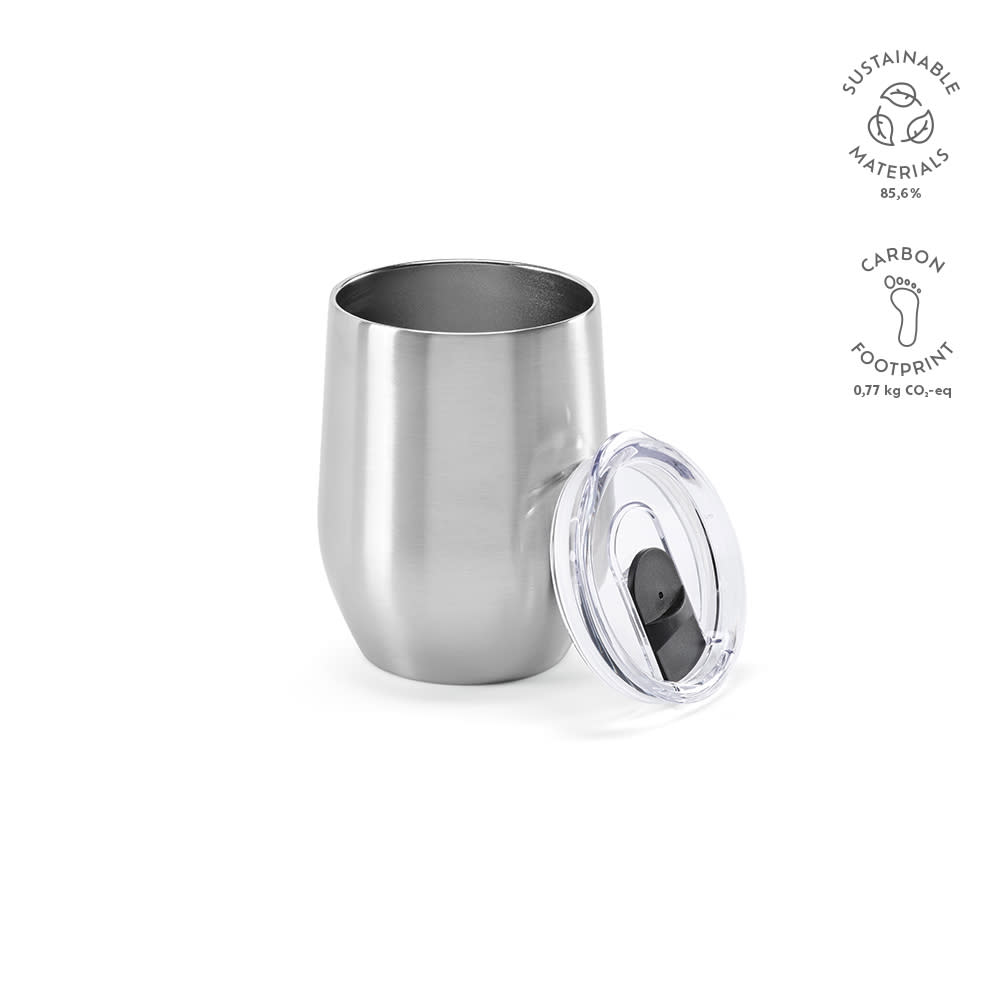 A stainless steel travel cup with a double wall and a clear lid, featuring a logo.