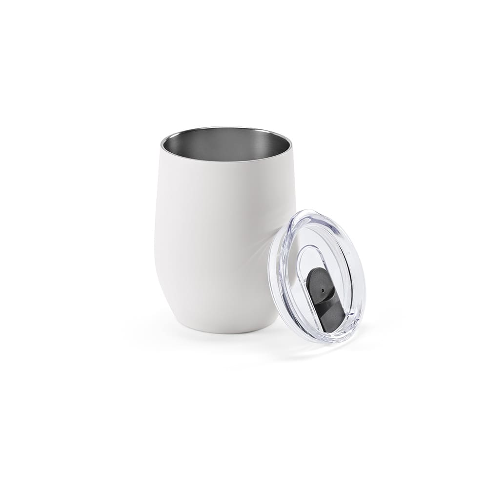 A drink bottle in white with a stainless steel interior and a clear lid, featuring a branding logo.