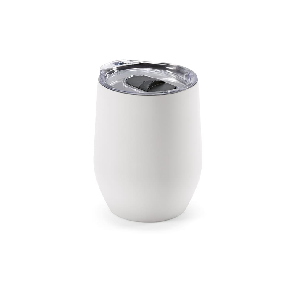 A drink bottle in white, featuring a double wall design and a clear lid with a seal, and includes branding.