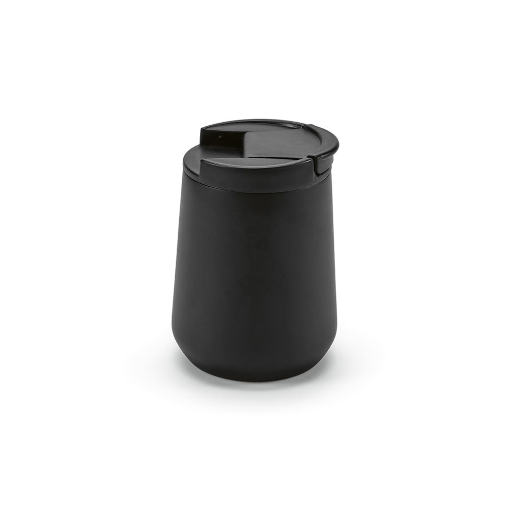 A drink bottle in matte black, featuring a double wall and a leakproof lid. It has a logo on the surface.