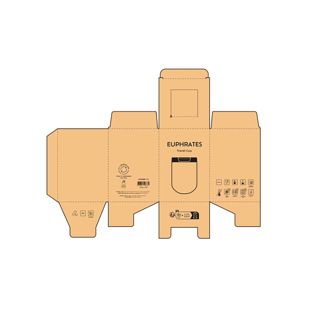 A packaging design for the Euphrates Travel Cup, featuring a leakproof, double-wall construction. The box is brown with a logo.