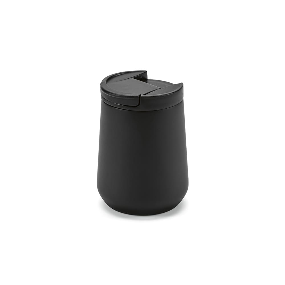 A drink bottle featuring a sleek black design, double wall, and leakproof lid. Includes a logo on the surface.