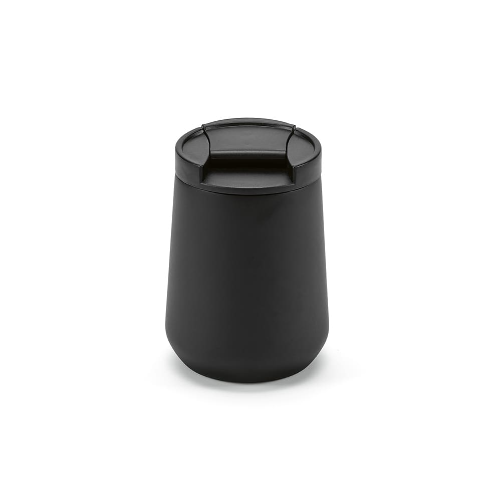 A drink bottle with a double wall and leakproof design, featuring a matte black finish and a lid.