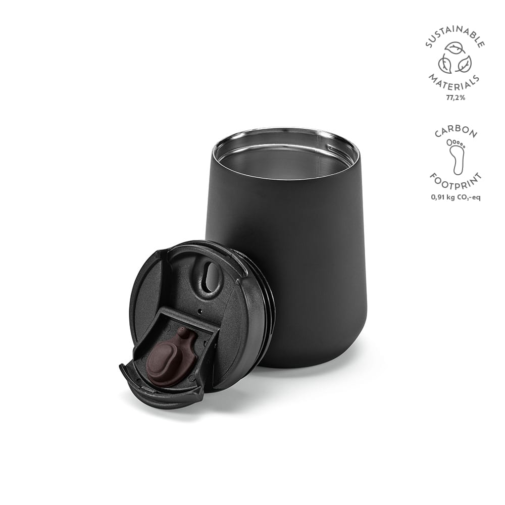 A black travel cup with a double wall, leakproof lid, and a small opening for drinking. It features a logo.