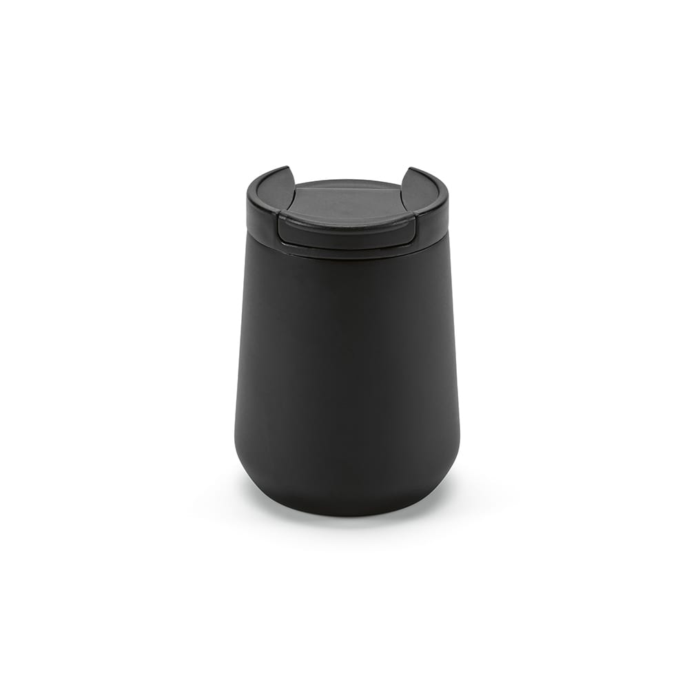 A drink bottle with a sleek black design, featuring a double wall and a leakproof lid. Includes a branding logo.