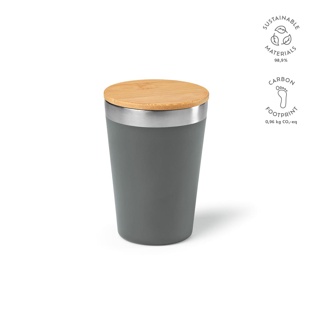 A drink bottle with a grey body and a bamboo lid, featuring a stainless steel band and a logo.
