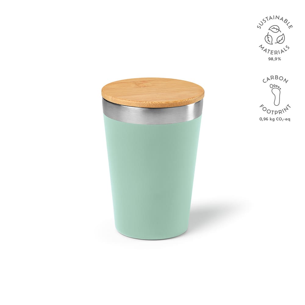 A drink bottle with a mint green body and a bamboo lid, featuring a stainless steel rim and sustainable materials.