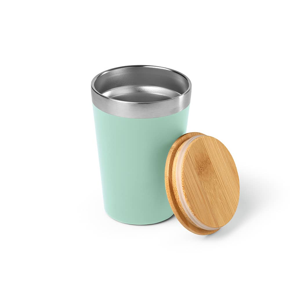 A drink bottle in pastel green with a stainless steel inner and a bamboo lid, featuring a sleek, double-wall design.