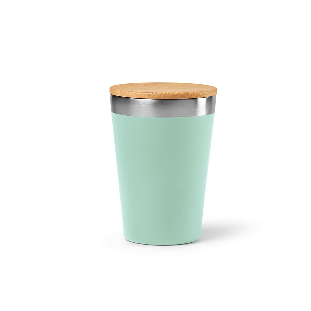 A drink bottle with a mint green body and a bamboo lid, featuring a double wall design. It has a logo on the side.