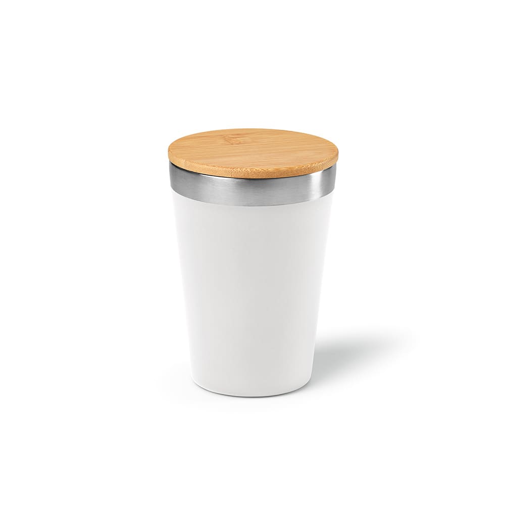 A drink bottle featuring a white double-wall design with a bamboo lid and a stainless steel band.