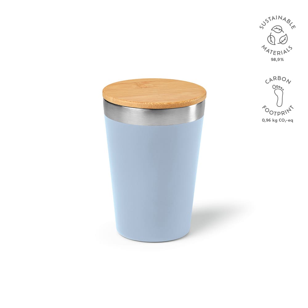 A drink bottle with a light blue body and a bamboo lid, featuring a metal band and a logo.