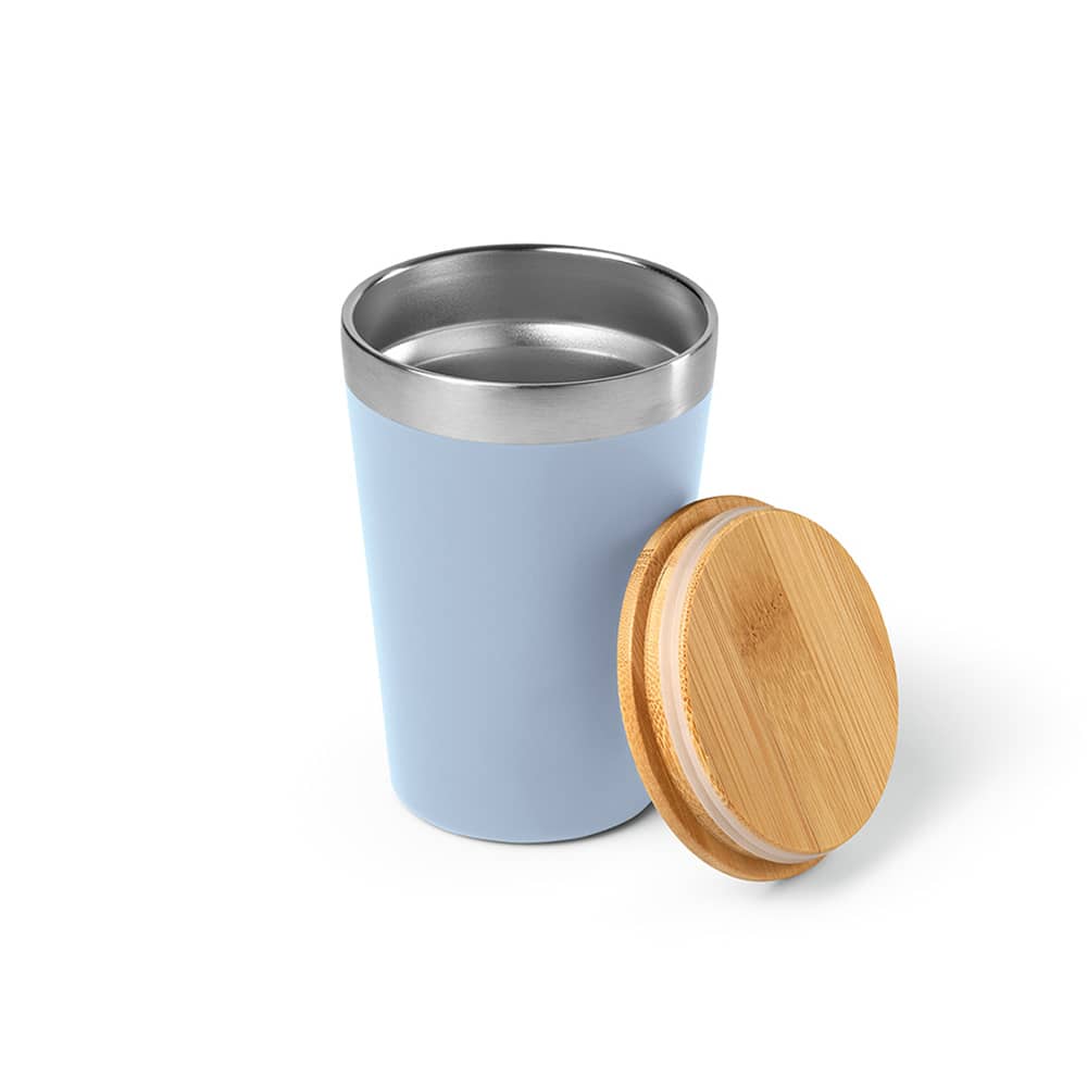 A drink bottle with a light blue exterior and a bamboo lid, featuring a stainless steel inner lining.