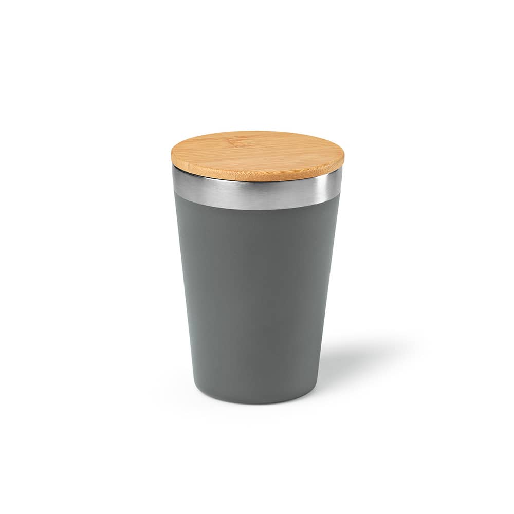 A drink bottle with a double wall design, featuring a grey body and a bamboo lid. It has a logo on the surface.