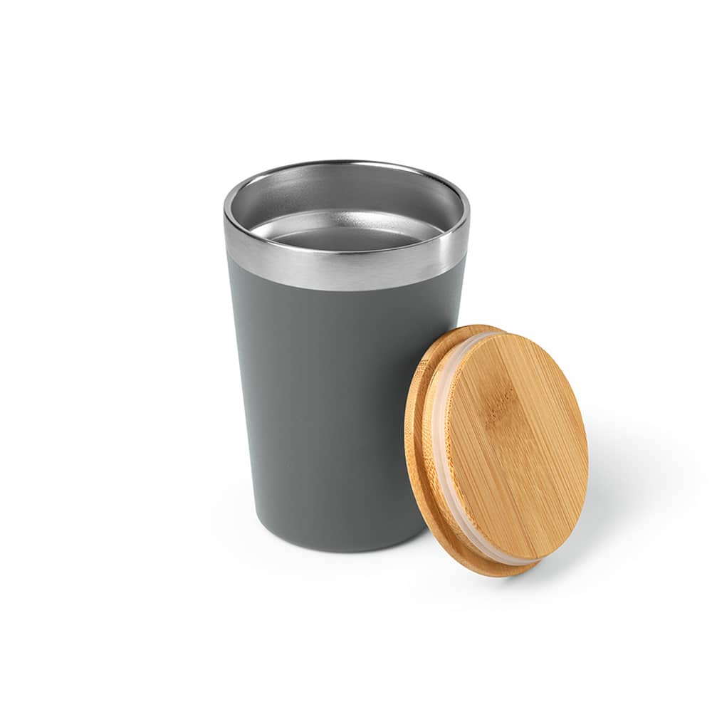 A drink bottle with a grey body and a bamboo lid. It has a double-walled design and is 400ml in size.
