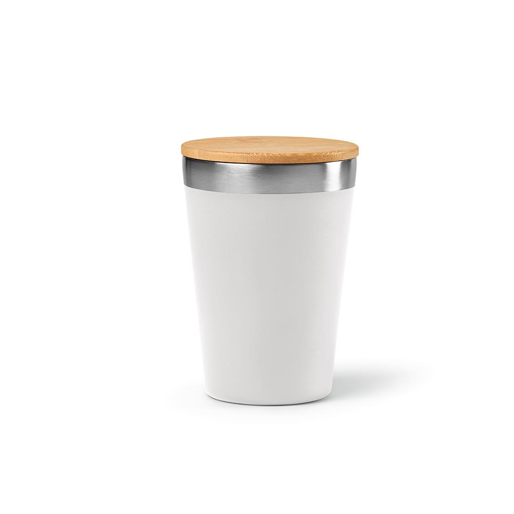 A drink bottle featuring a white body and a bamboo lid, with a stainless steel band. It has a double wall design.