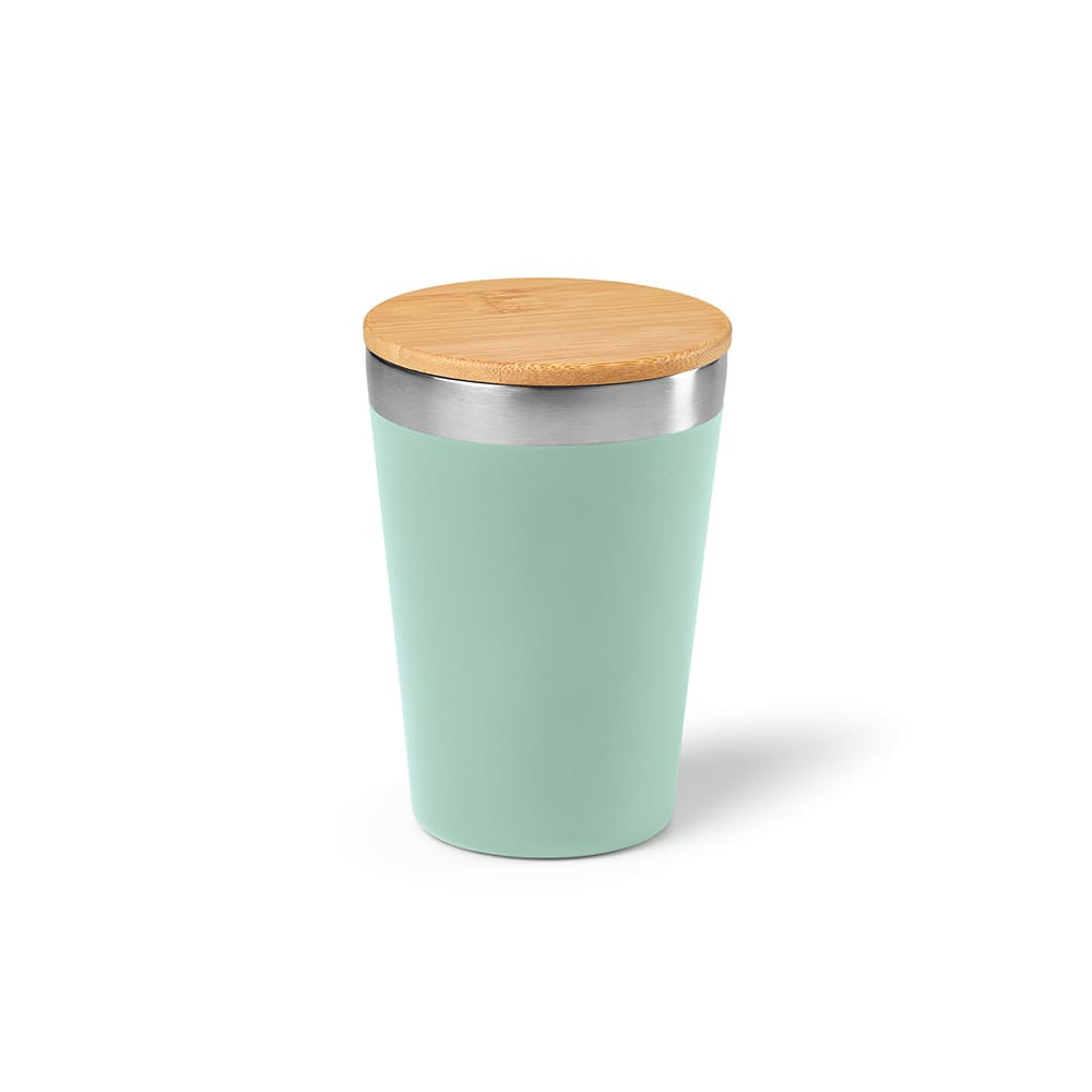 A drink bottle featuring a mint green body and a bamboo lid, with a stainless steel accent. It has a branding logo.