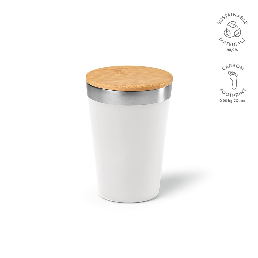 A drink bottle with a white double wall design and a bamboo lid, featuring a silver trim and a logo.