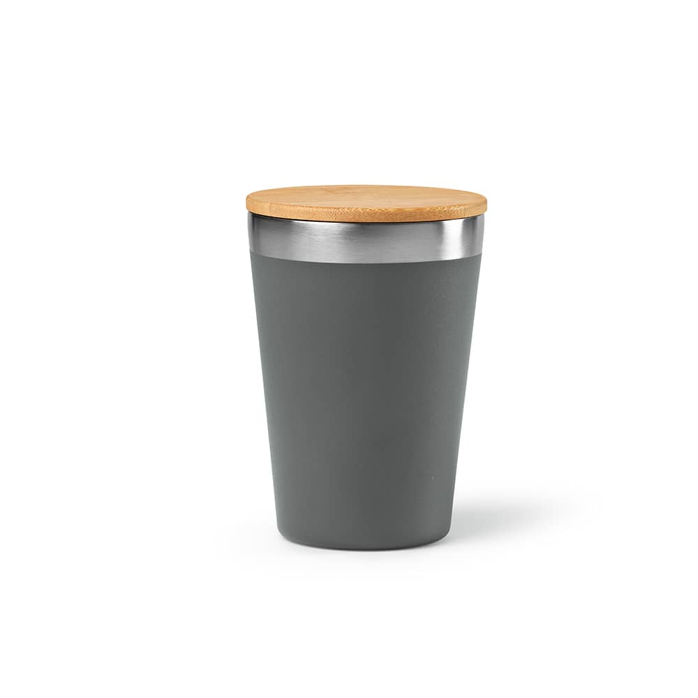A drink bottle featuring a grey double-wall body and a bamboo lid, with a stainless steel rim and a logo.