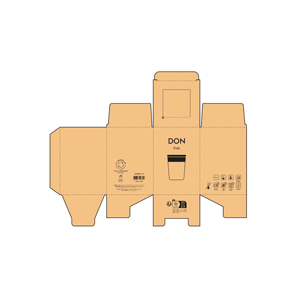 A packaging design for the Don Travel Cup, featuring a brown cardboard box layout with a black and cream colour scheme.